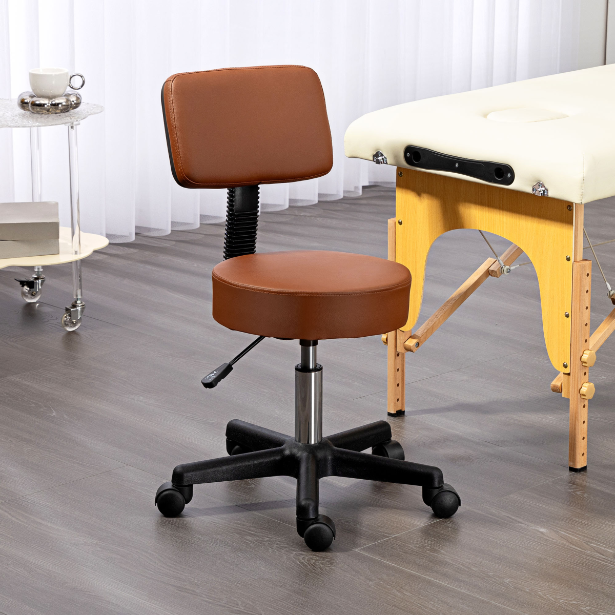 HOMCOM Adjustable Swivel Salon Chair, Padded Seat & Back, 5 Wheels, Brown