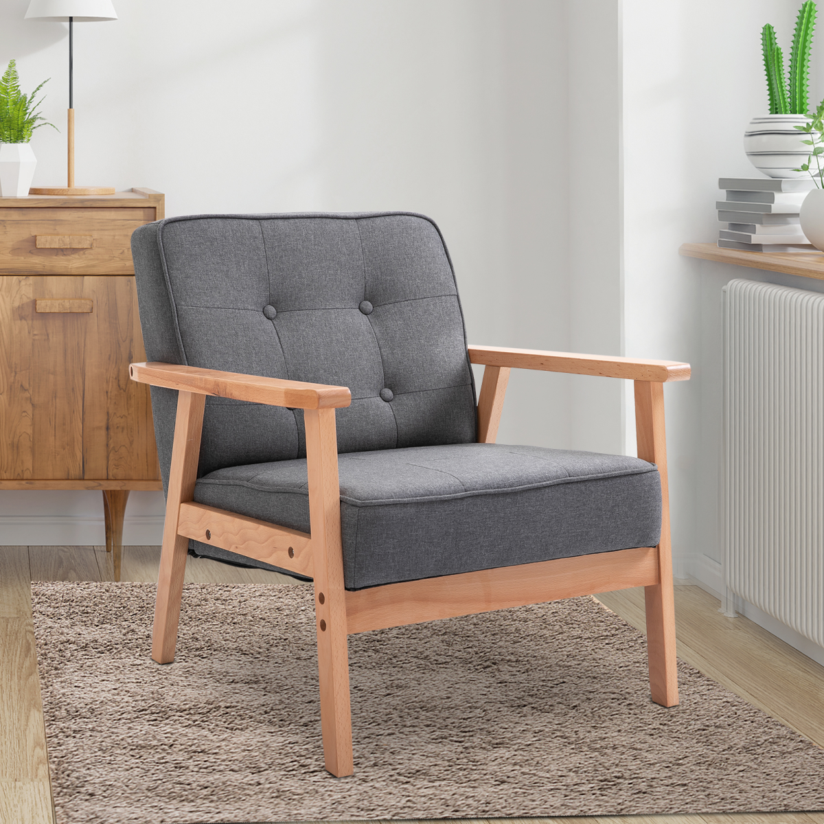 HOMCOM Retro Armchair with Beech Wood Frame, Grey Linen Upholstery