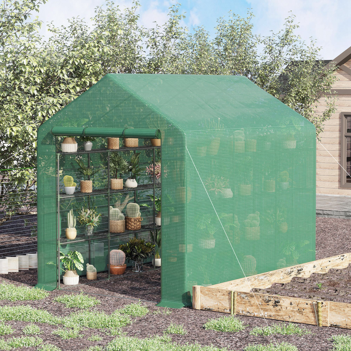 Outsunny Poly Tunnel Walk-In Greenhouse with Removable Cover and Shelves 244 x 180 x 210 cm