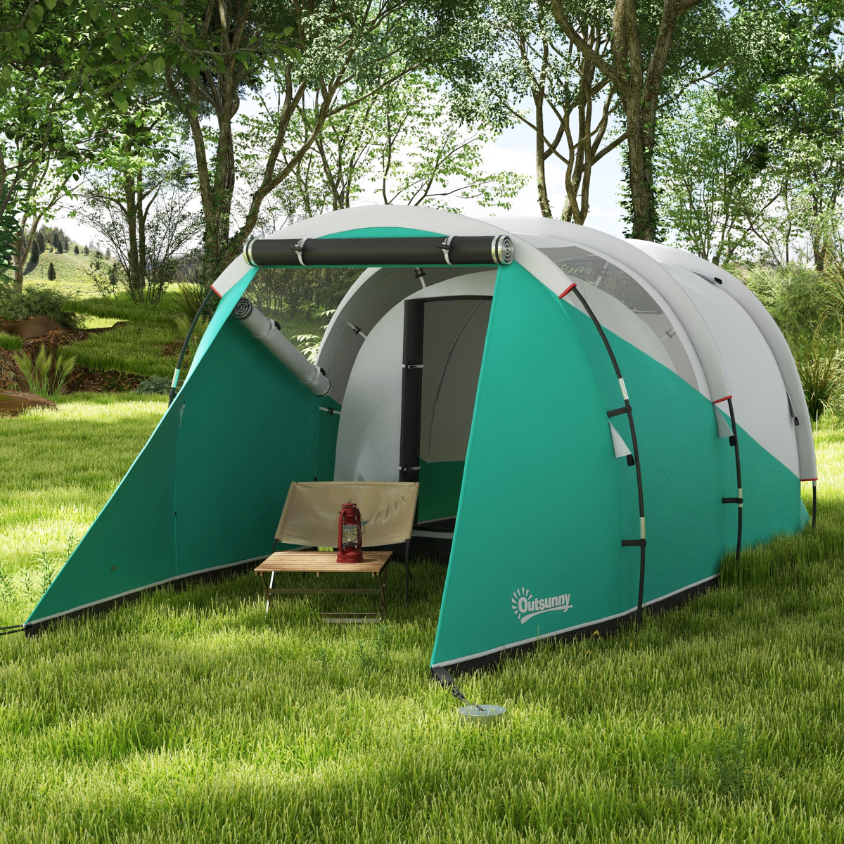 Outsunny 3000mm Waterproof 2-Room Camping Tent for 4-5 People, Green