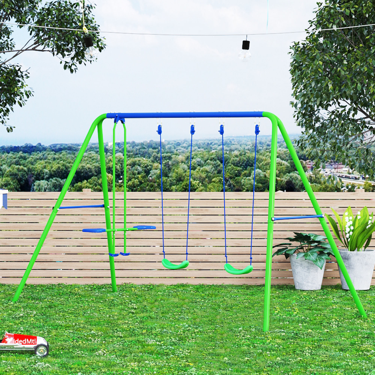 Metal Double Swing Set with Seat Glider Outdoor Garden Play Set, Green, Outsunny