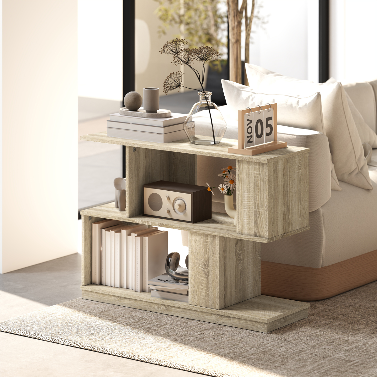 HOMCOM 3-Tier S-Shaped Narrow End Table, Natural Wood Finish