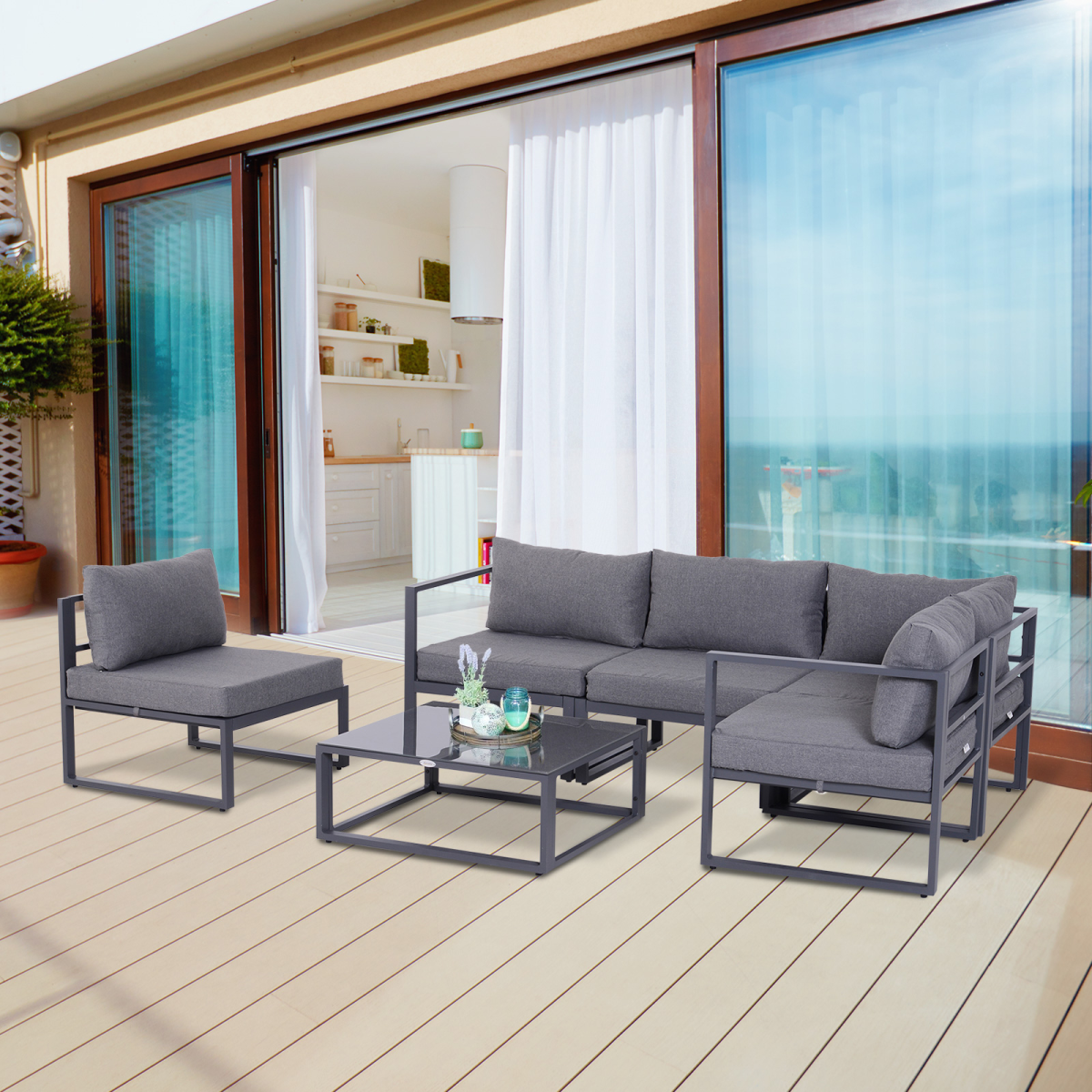 6-Piece Outdoor Sectional Sofa Set with Coffee Table, Aluminum Frame, Cushions, Tempered Glass Tabletop