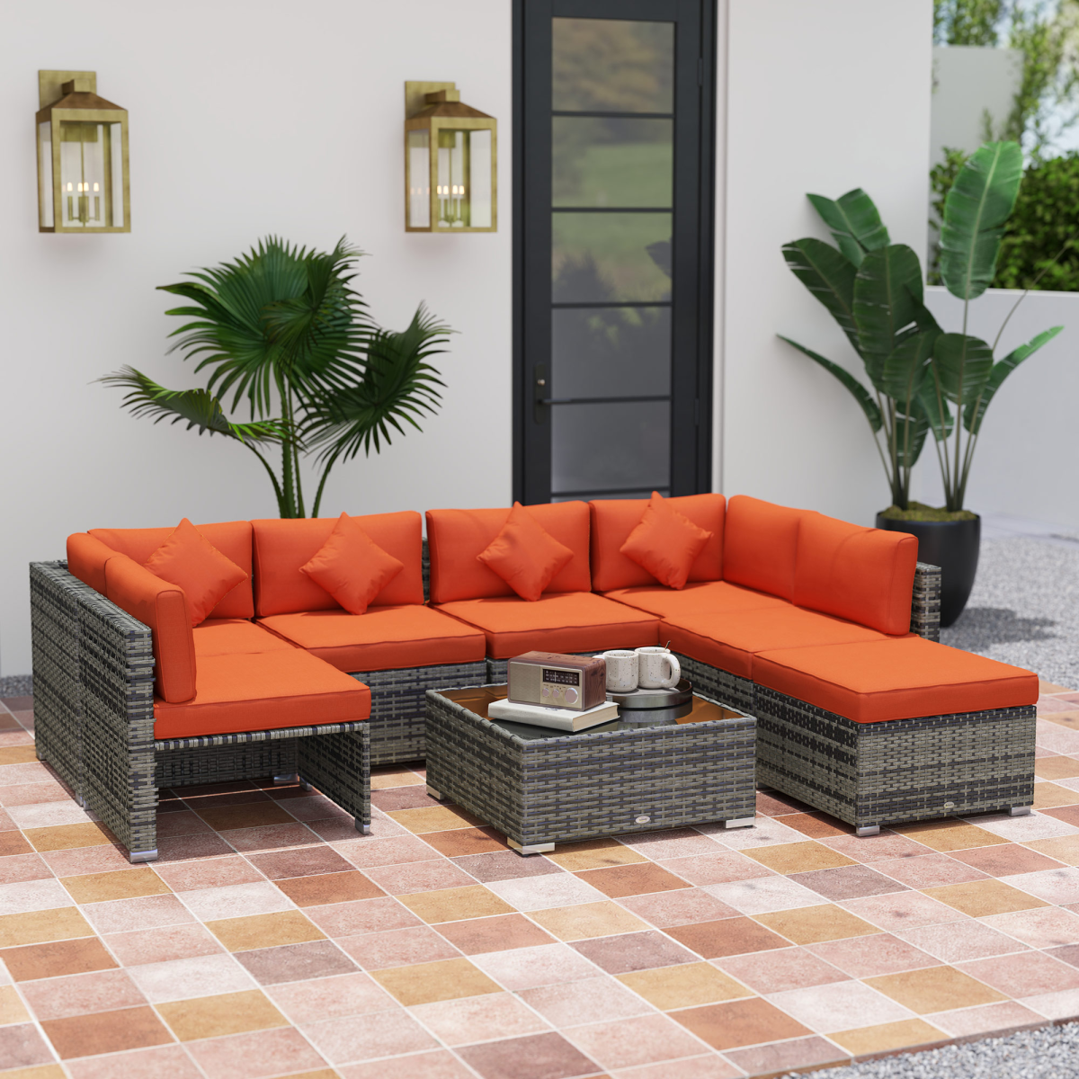 Outsunny 8-Piece Patio Rattan Furniture Set with Cushions, Orange