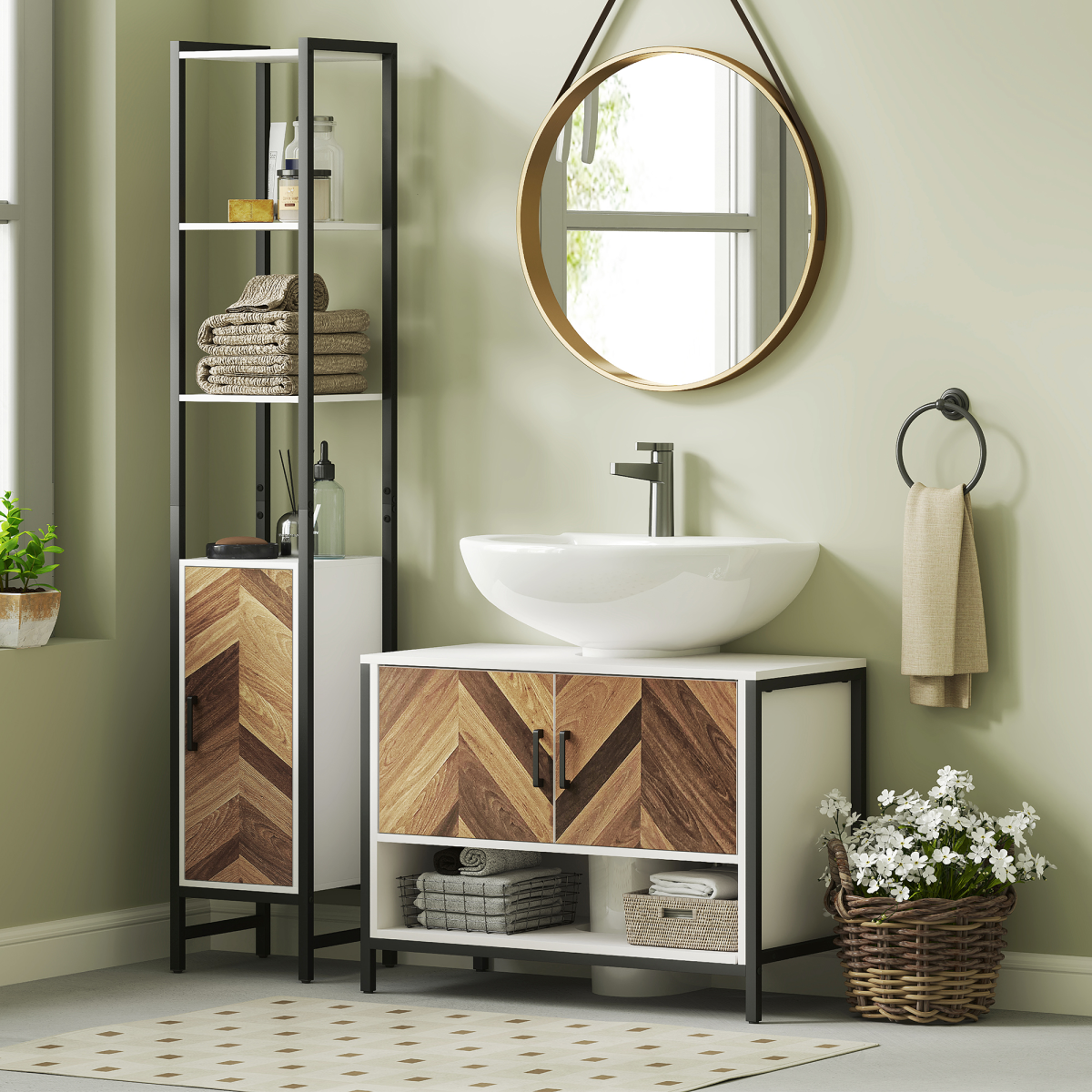 HOMCOM Cream Bathroom Under Sink Cabinet with U-Cut Out