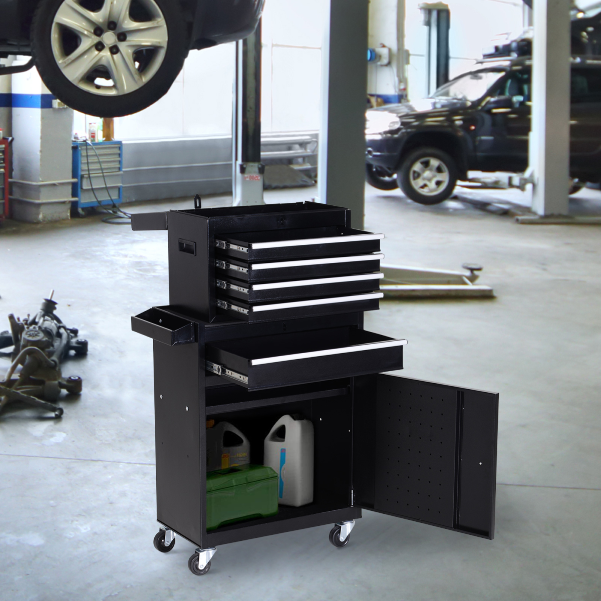DURHAND Steel Rolling Tool Cabinet with 4 Drawers, Duo-Door Tool Chest on Wheels, Black
