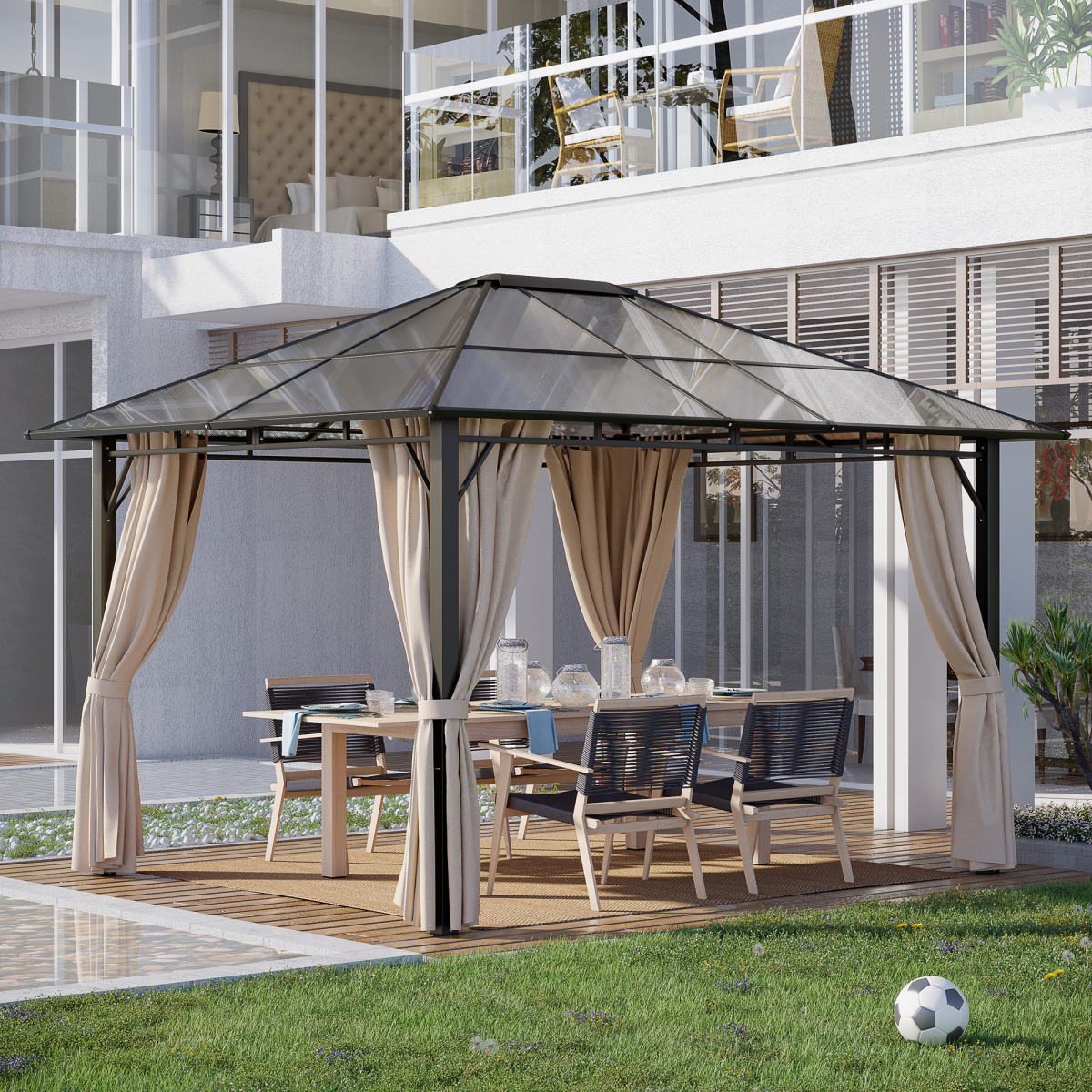 3.6 x 3 m Hardtop Garden Gazebo with Polycarbonate Roof, Brown