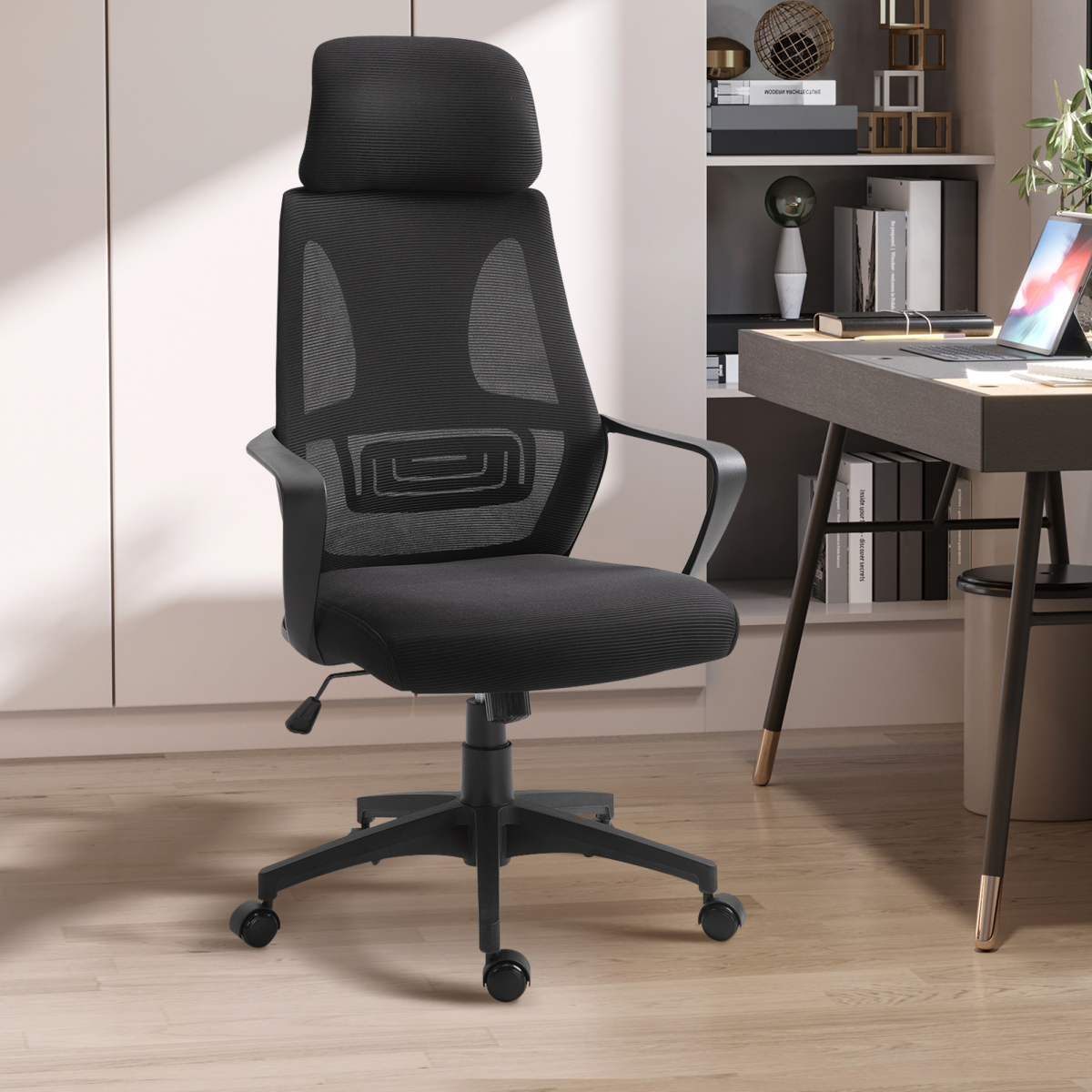 Black Mesh Office Chair with Adjustable Height and Padded Headrest