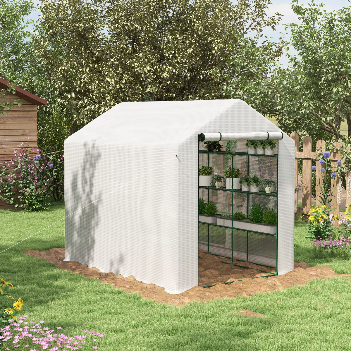 Outsunny Walk-In Garden Greenhouse with 3-Tier Shelves, Roll-Up Door
