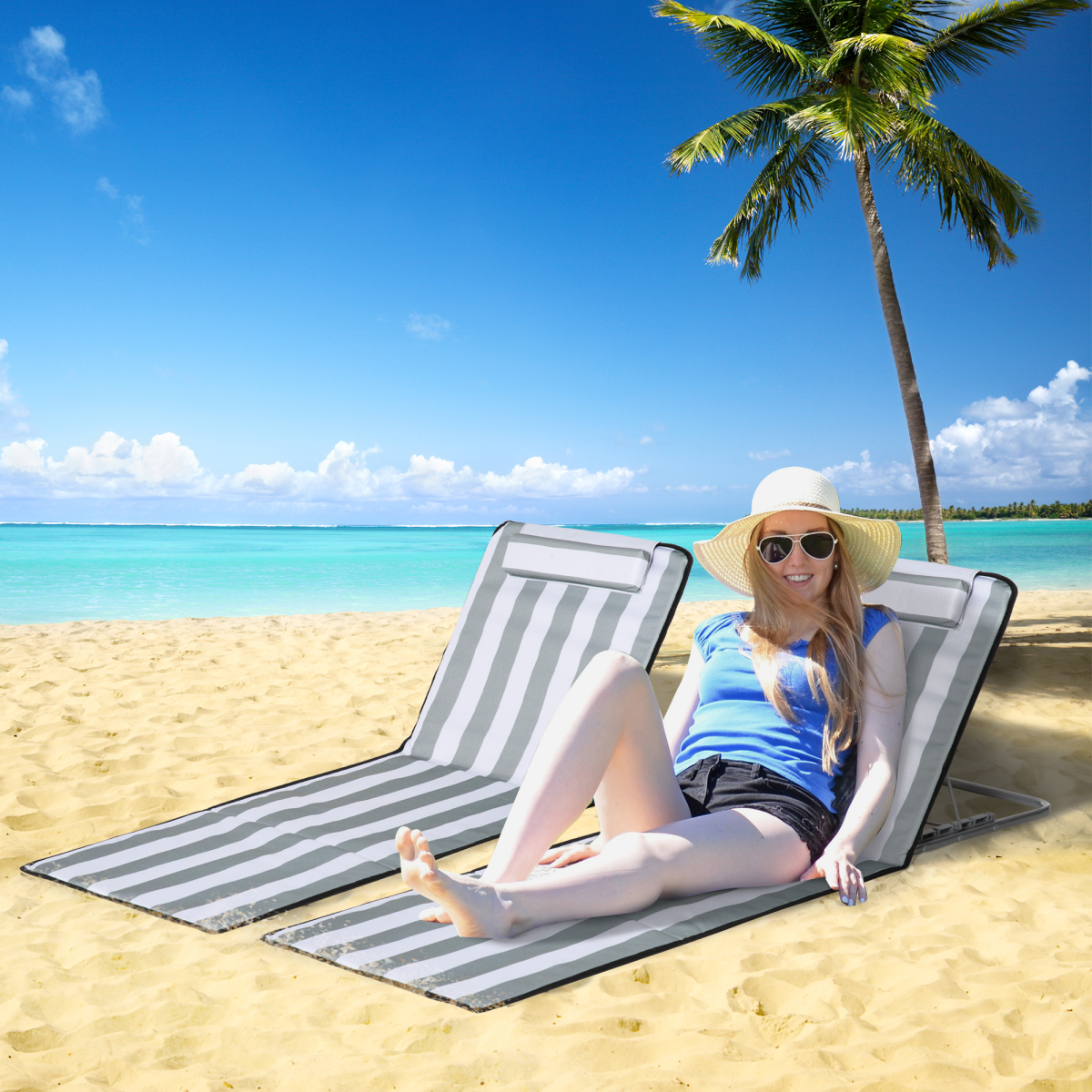 Outsunny 2-Piece Steel Reclining Beach Lounger Set with Pillow, Grey