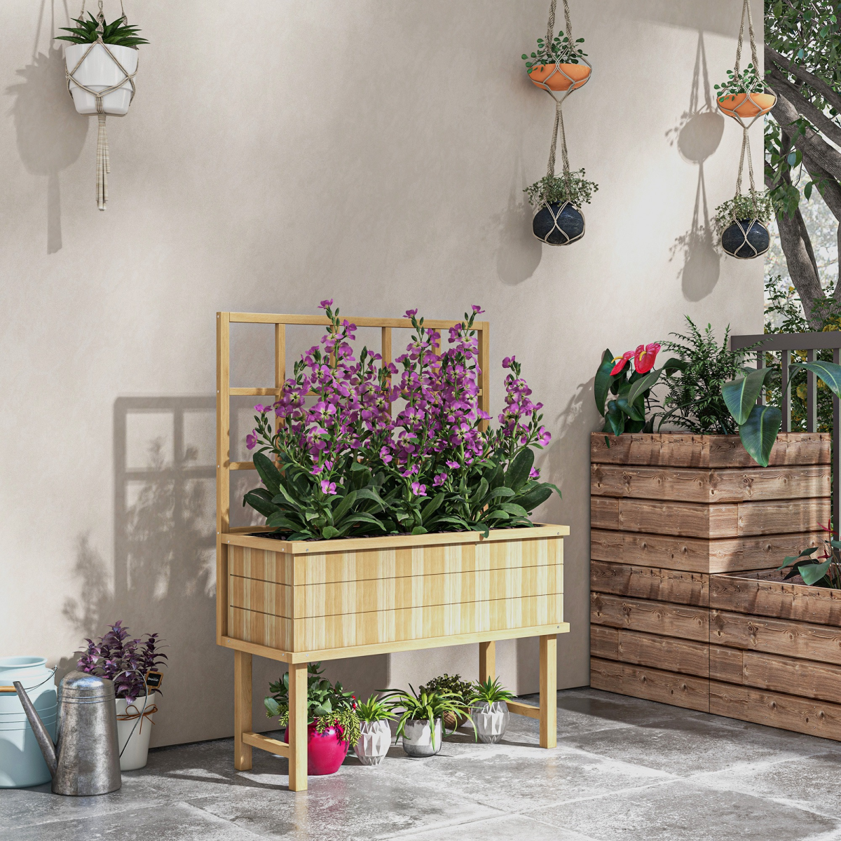 Outsunny Natural Wood Raised Planter Box with Trellis, Drain Holes, Elevated Garden Bed