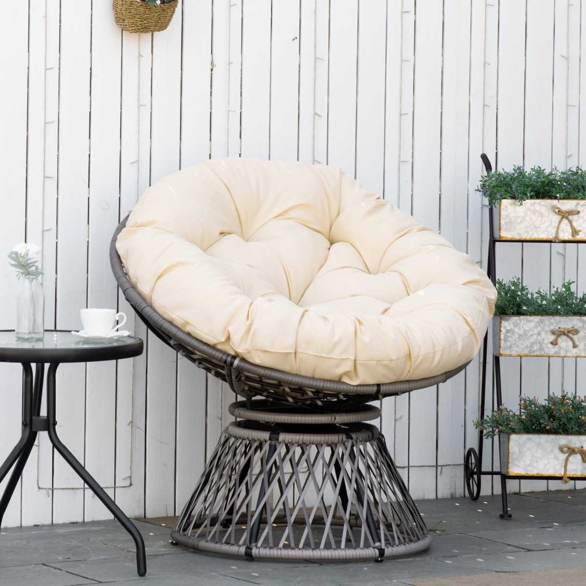 Outsunny 360° Swivel Rattan Papasan Moon Bowl Chair with Padded Cushion, Round Outdoor Garden Chair