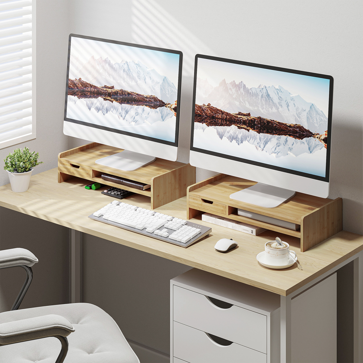 HOMCOM Bamboo Monitor Riser Desk Organizer with Drawer