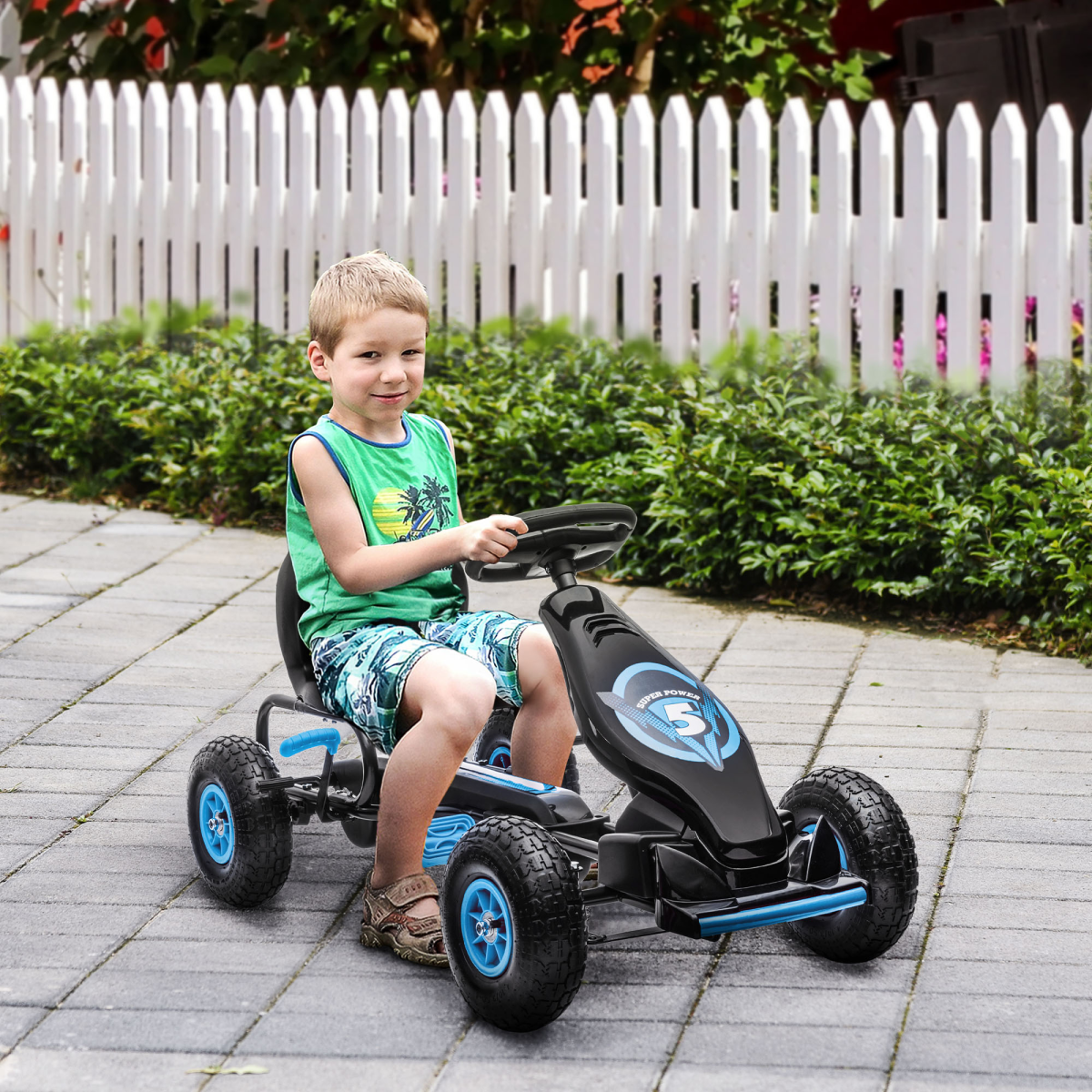 HOMCOM Children Pedal Go Kart, Adjustable Seat, Brake, Blue