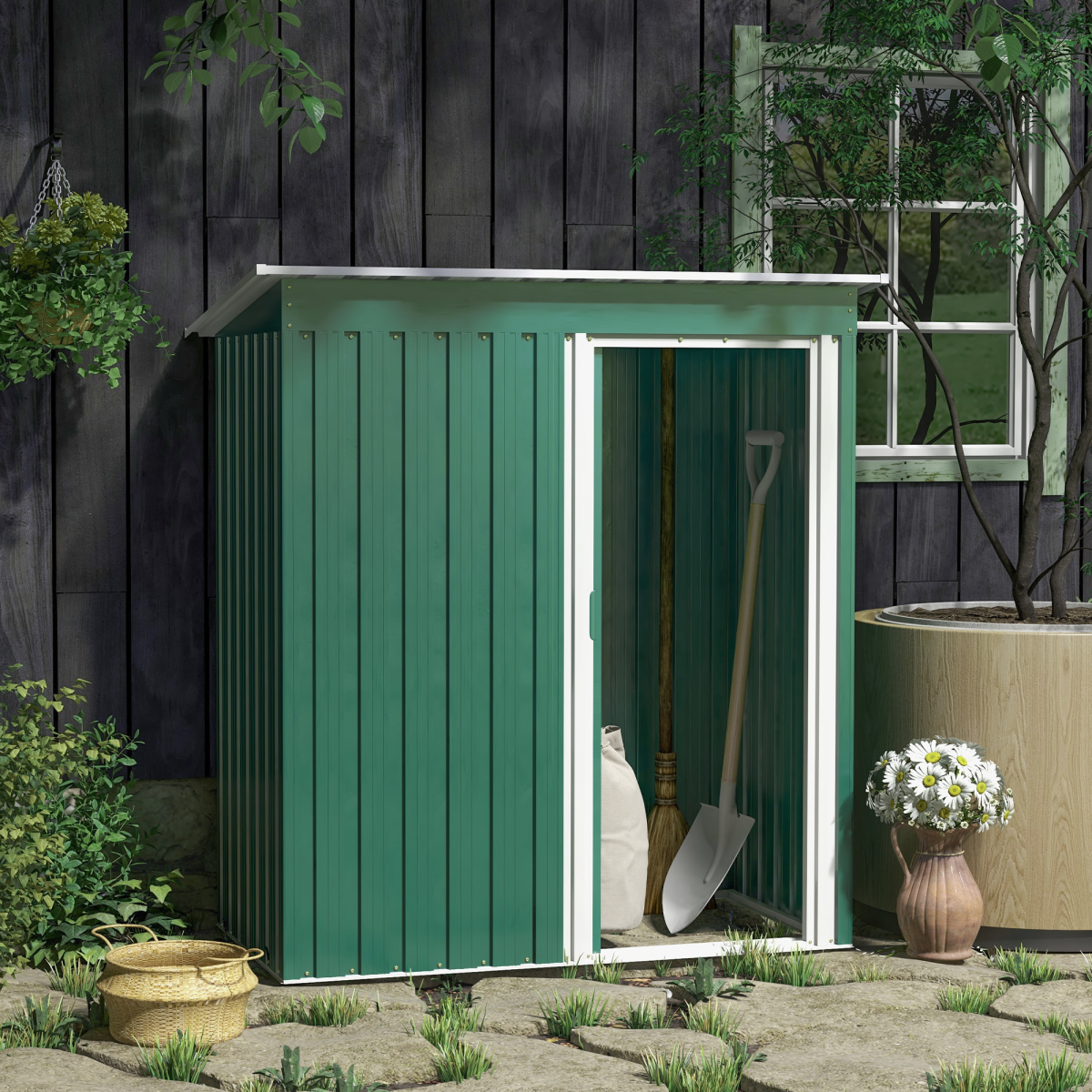 Outsunny 5 x 3ft Galvanised Steel Garden Storage Shed with Sliding Door and Sloped Roof, Green