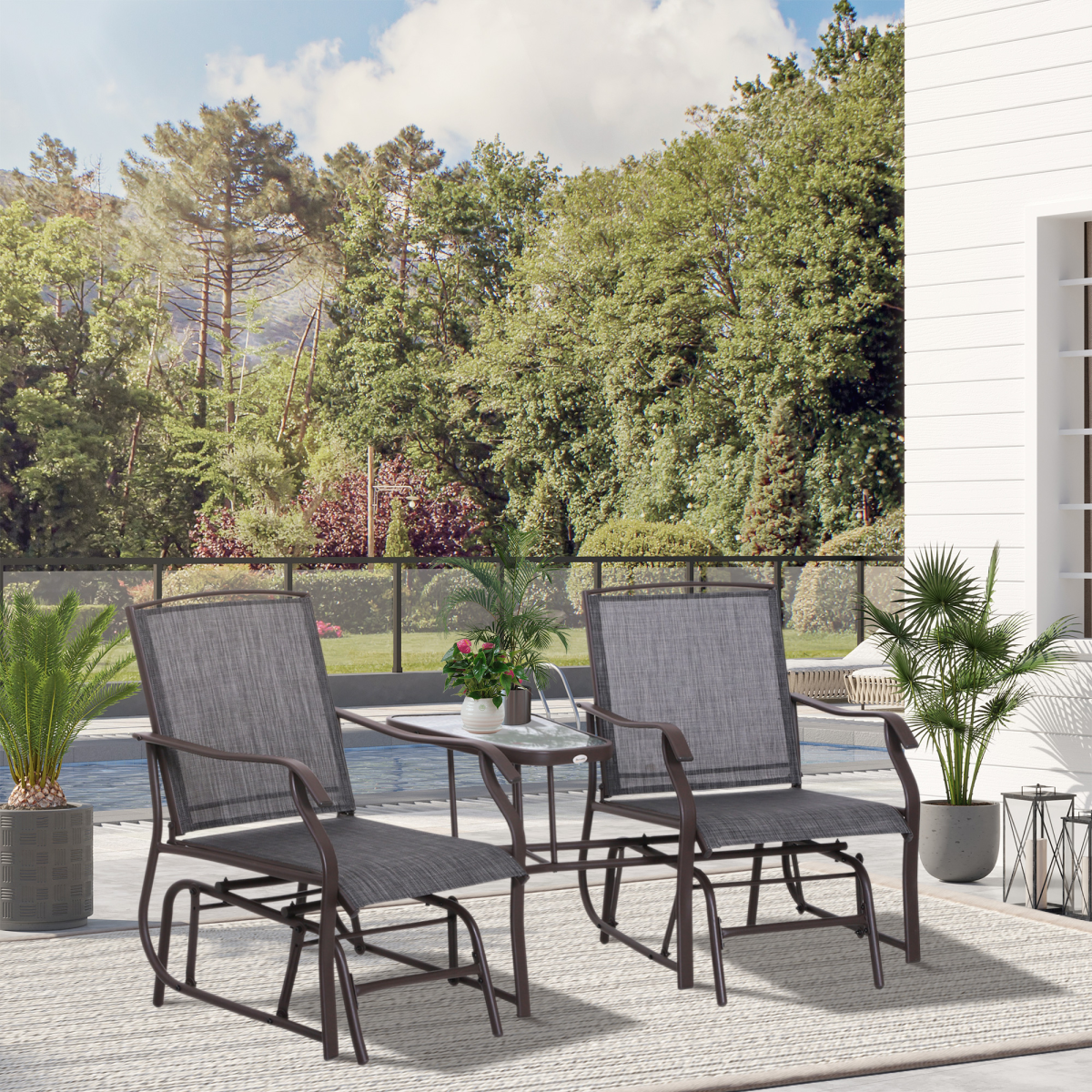 Outsunny Double Glider Chairs with Glass Table, High Back