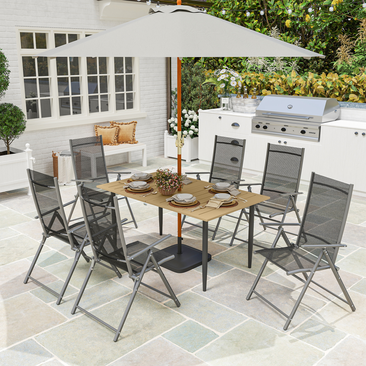 Outsunny 6-Seater Garden Dining Table with Parasol Hole, Brown