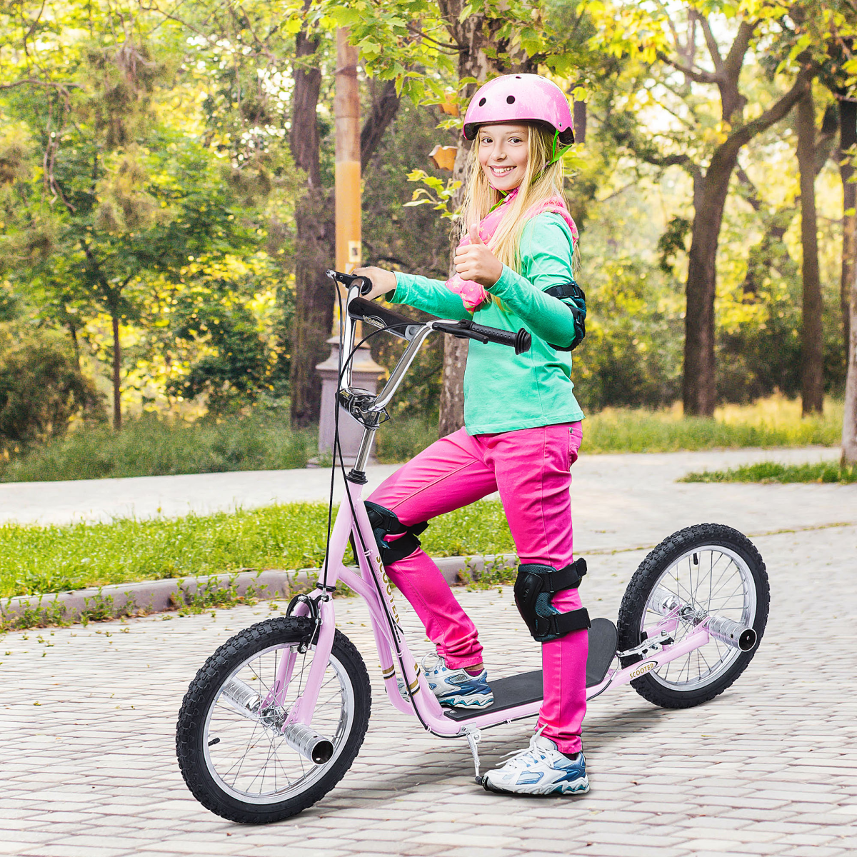 HOMCOM Kids Stunt Scooter 16 Inch Wheels Adjustable Height Pink, Age 5+, Steel Frame, Front and Rear Brakes