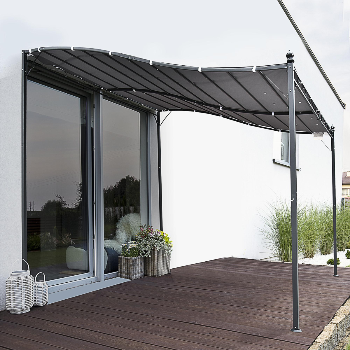 Outsunny 3x3m Freestanding Metal Wall Awning Canopy, Grey