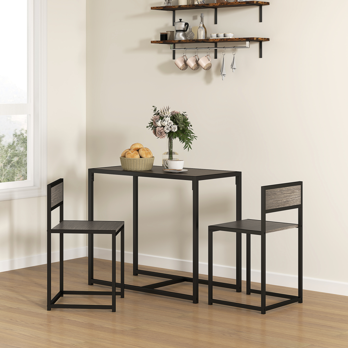 HOMCOM 3-Piece Dining Table Set, Steel Frame, Grey Wood-Effect