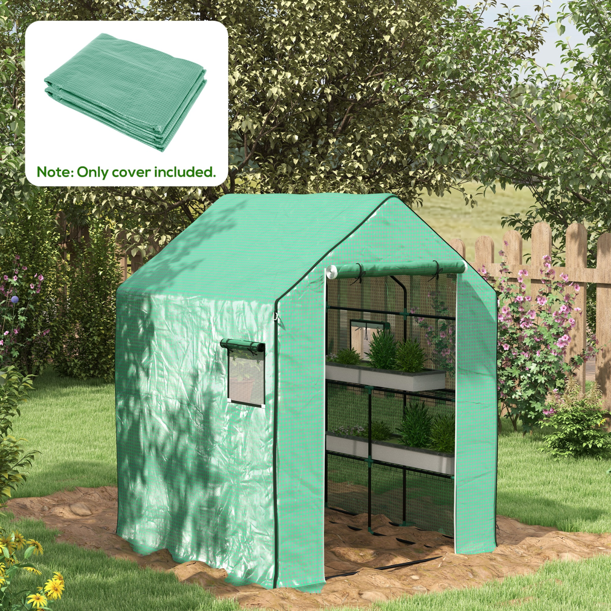 Outsunny Walk-in Greenhouse Replacement Cover with Door and Mesh Windows, Green, for 845-510