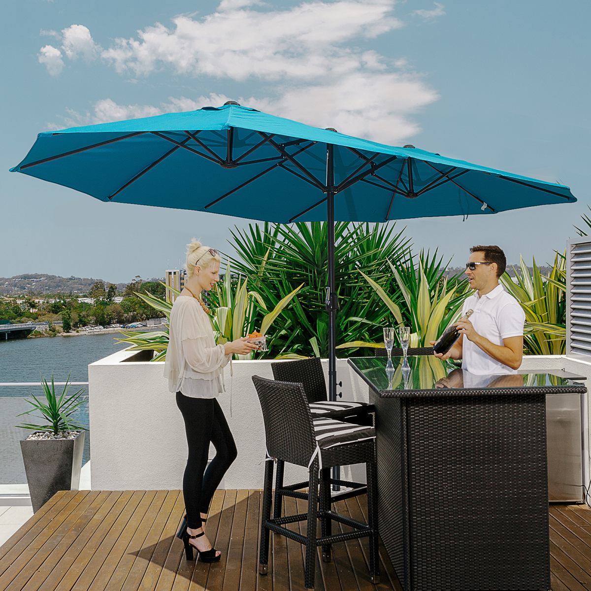 Outsunny 4.6M Double Canopy Garden Patio Umbrella Parasol with Crank Lift, Blue, No Base