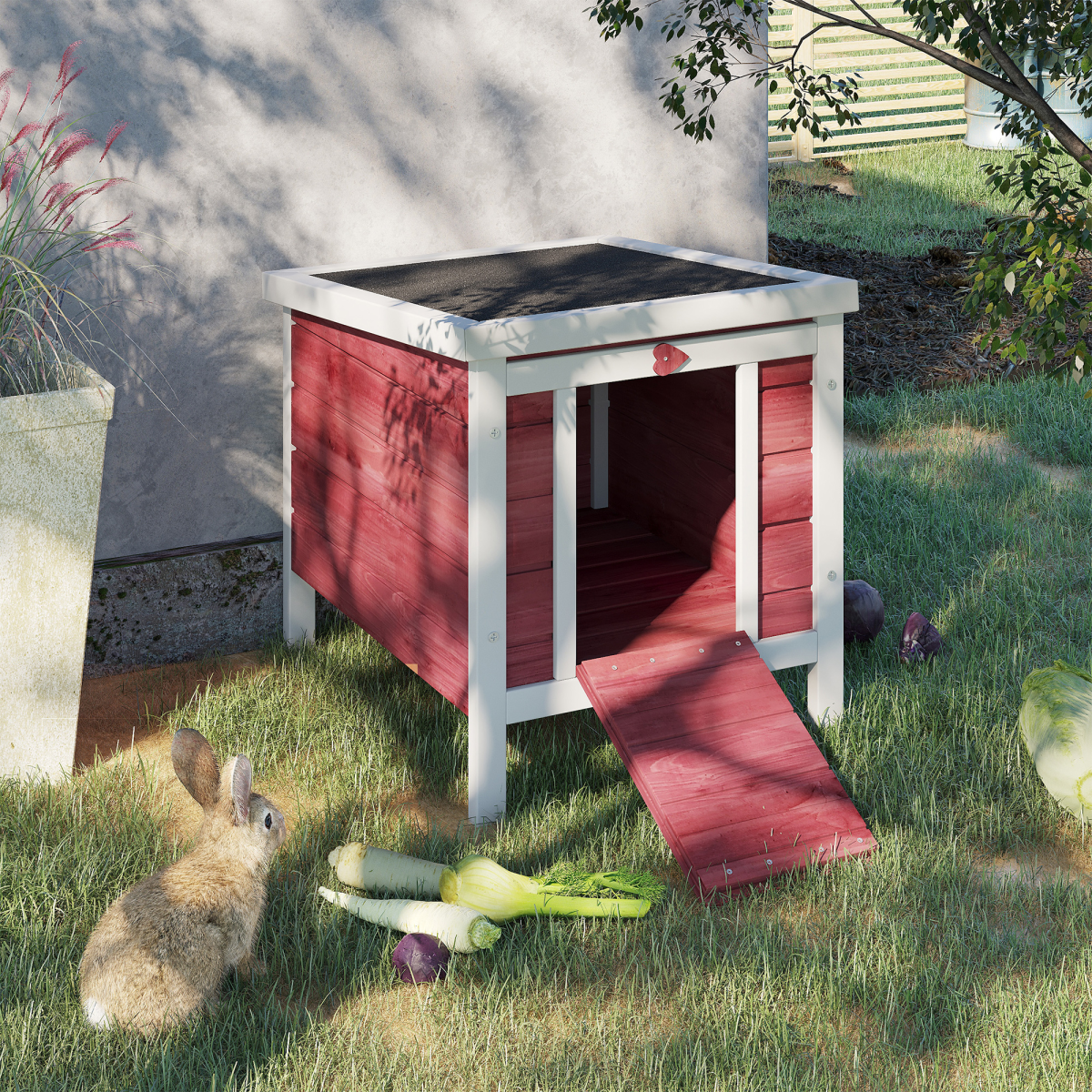 PawHut Wooden Rabbit Hutch with Front Ramp, Openable Roof and Locks, Red