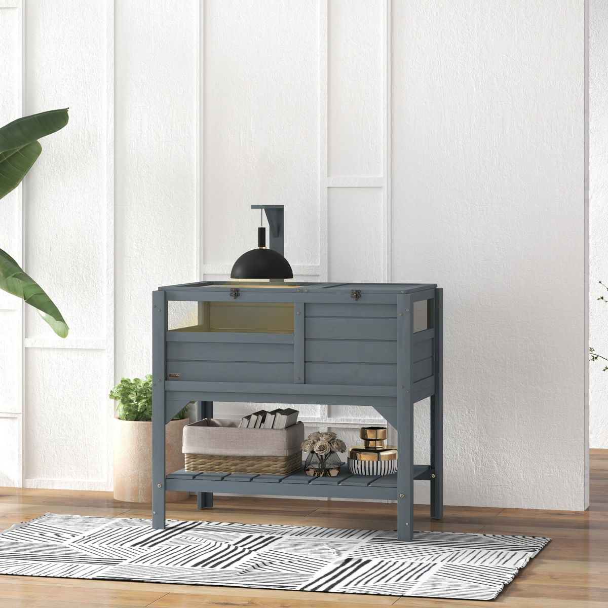 PawHut Wooden Tortoise House with Run, Shelter, Shelf and Lamp Holder, Grey