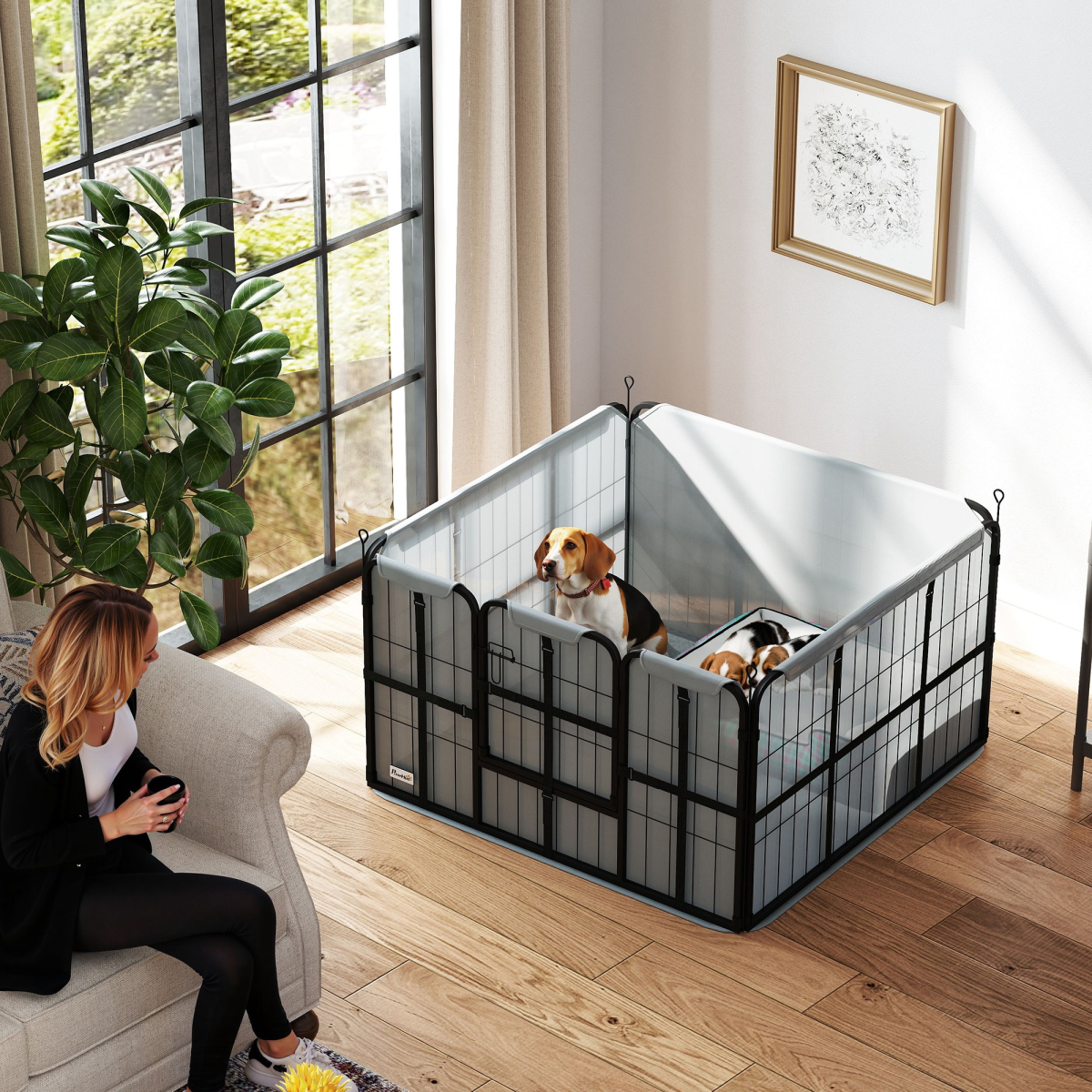 PawHut Dog Whelping Box with Washable Pee Pad, Steel, Black