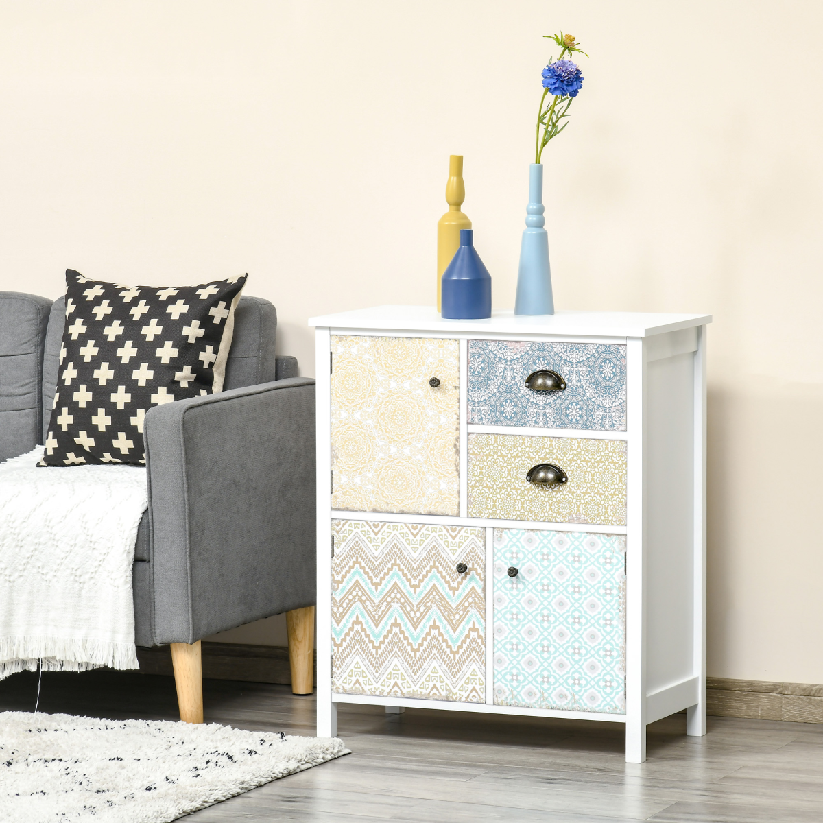 HOMCOM Bohemian Sideboard Storage Chest with 2 Drawers and 3 Cupboards, Colourful Pattern Design, Wood and MDF, Anti-Tipping Straps, Assembly Required
