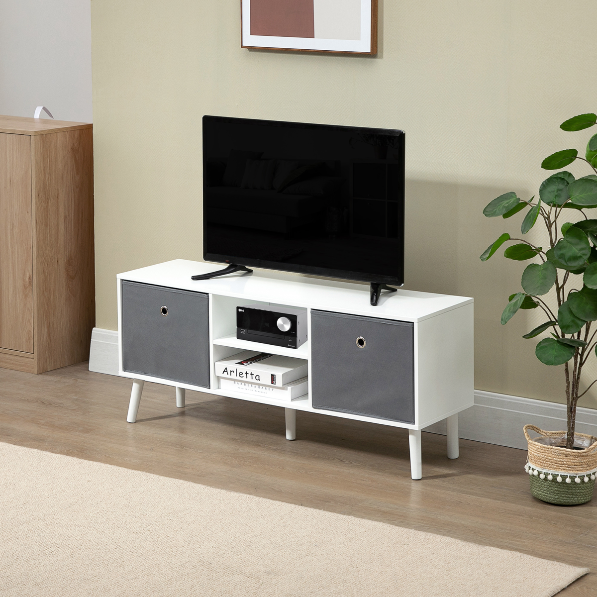 HOMCOM Modern TV Cabinet Stand with 2 Fabric Drawers, 2 Shelves, Cable Holes, Fits TVs up to 50in