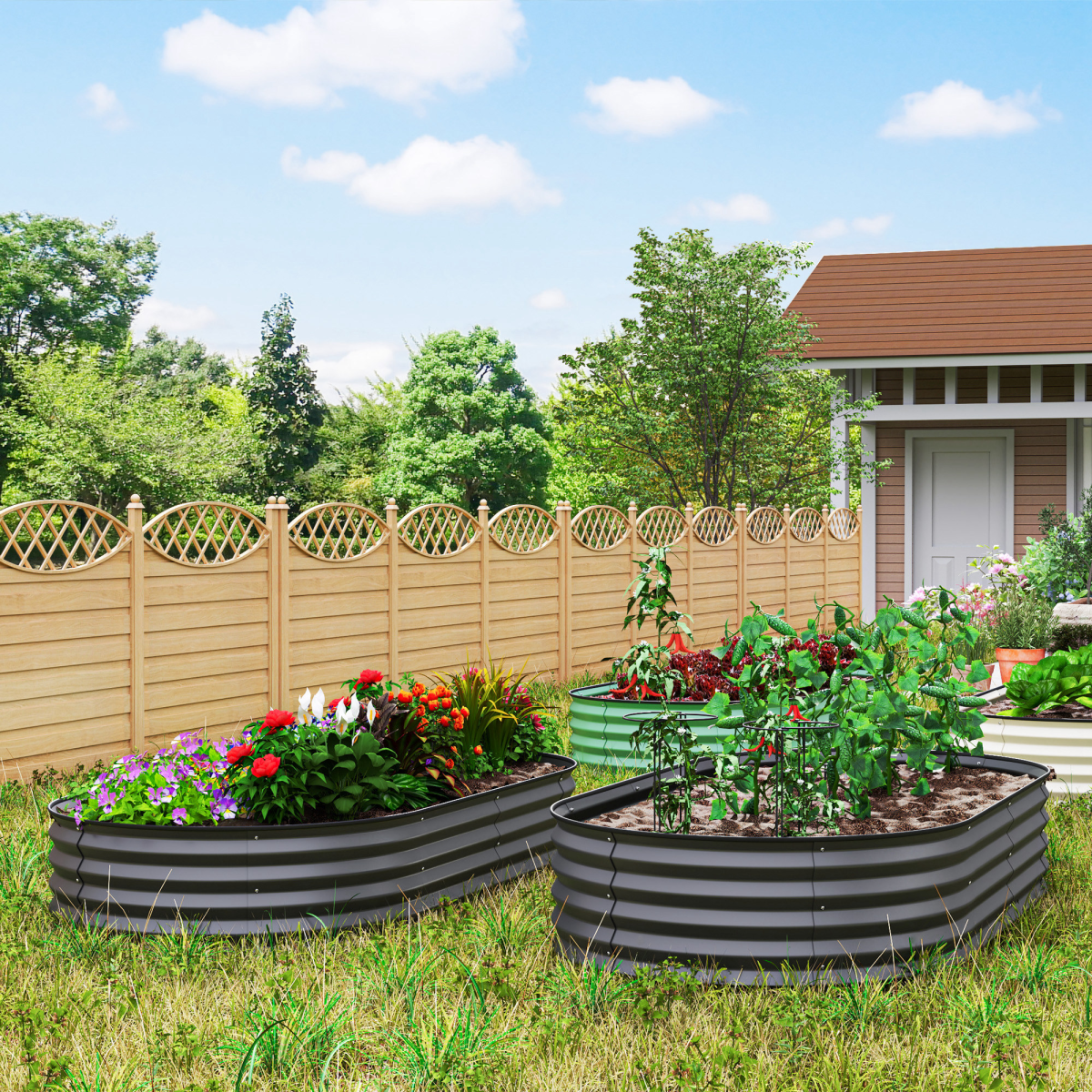 Outsunny Set of 2 Galvanised Steel Raised Garden Planters, Dark Grey