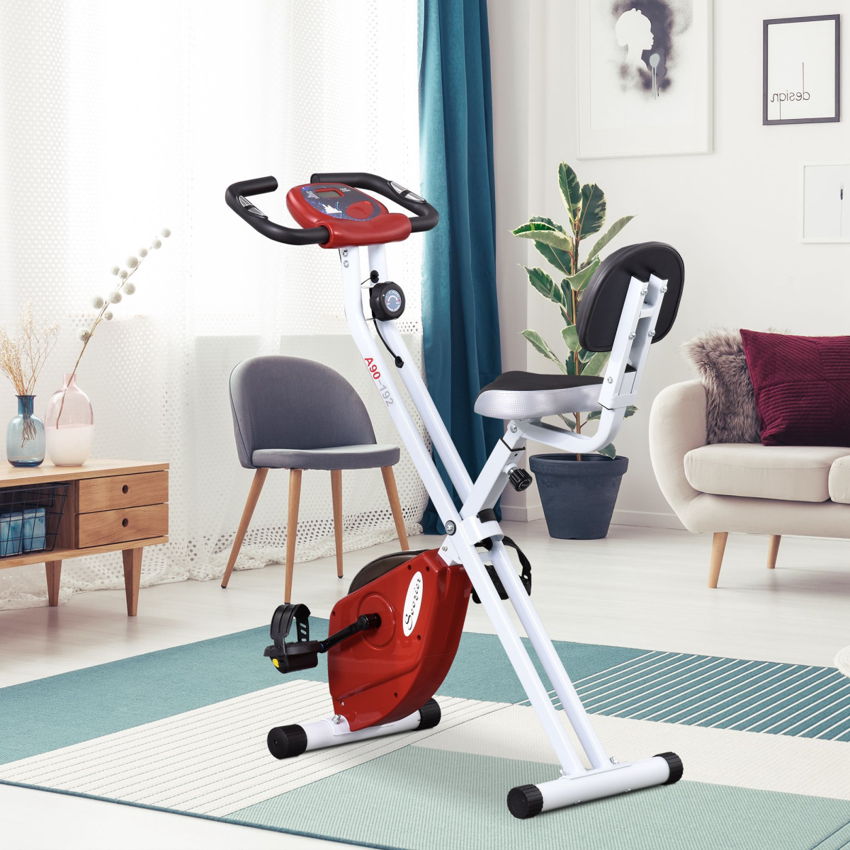 Foldable Magnetic Resistance Exercise Bike with LCD, Adjustable Seat, Red