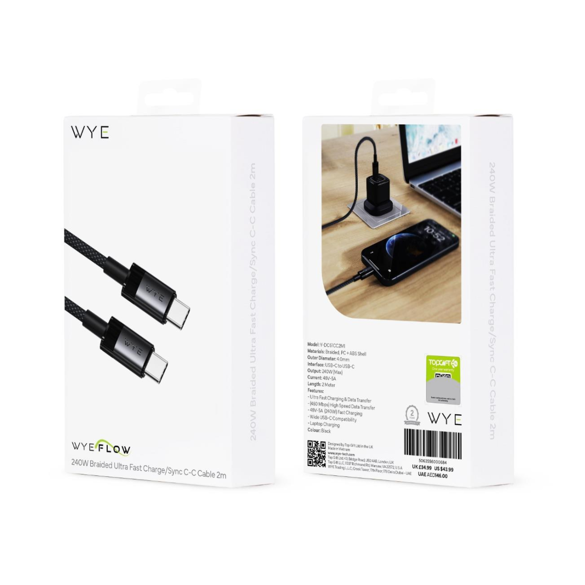 WYE 240W USB-C to USB-C Braided Fast Charge Cable, 2m, Black
