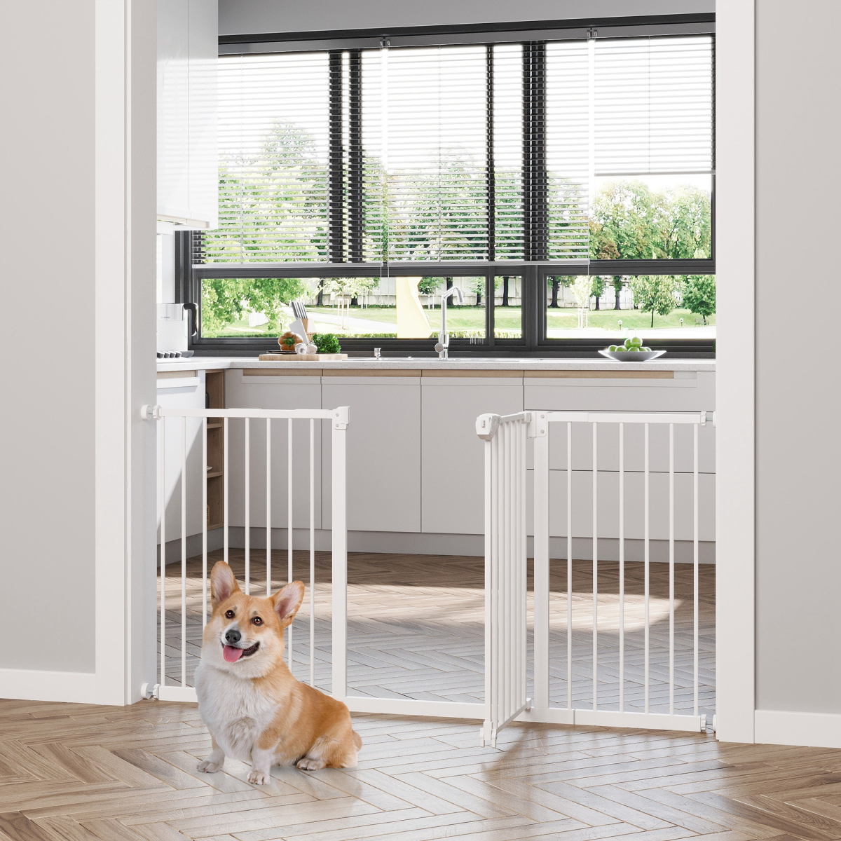 Adjustable White Safety Gate with 3 Extensions and 4 Screws