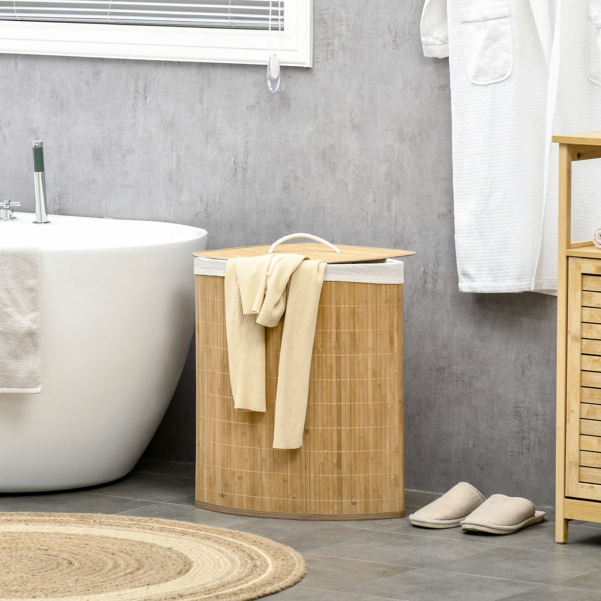 55L Bamboo Corner Laundry Hamper with Lid, 38 x 38 x 57cm, Side Handles, Unbranded