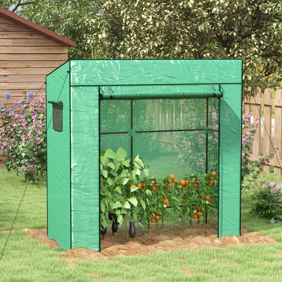 Outsunny Lean-to Walk-In Greenhouse with Roll-Up Door and Mesh Windows, 196 cm