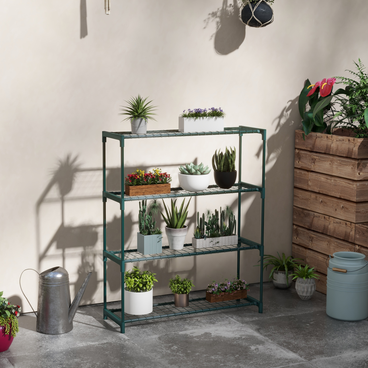 Outsunny 4-Tier Steel Plant Stand, Dark Green Flower Display Rack