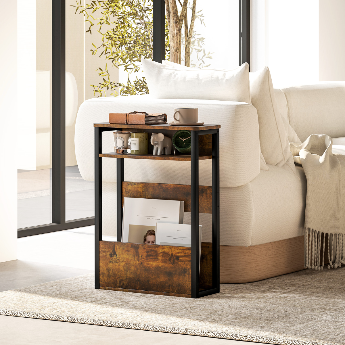 HOMCOM Narrow Industrial Side Table with Storage, Rustic Brown