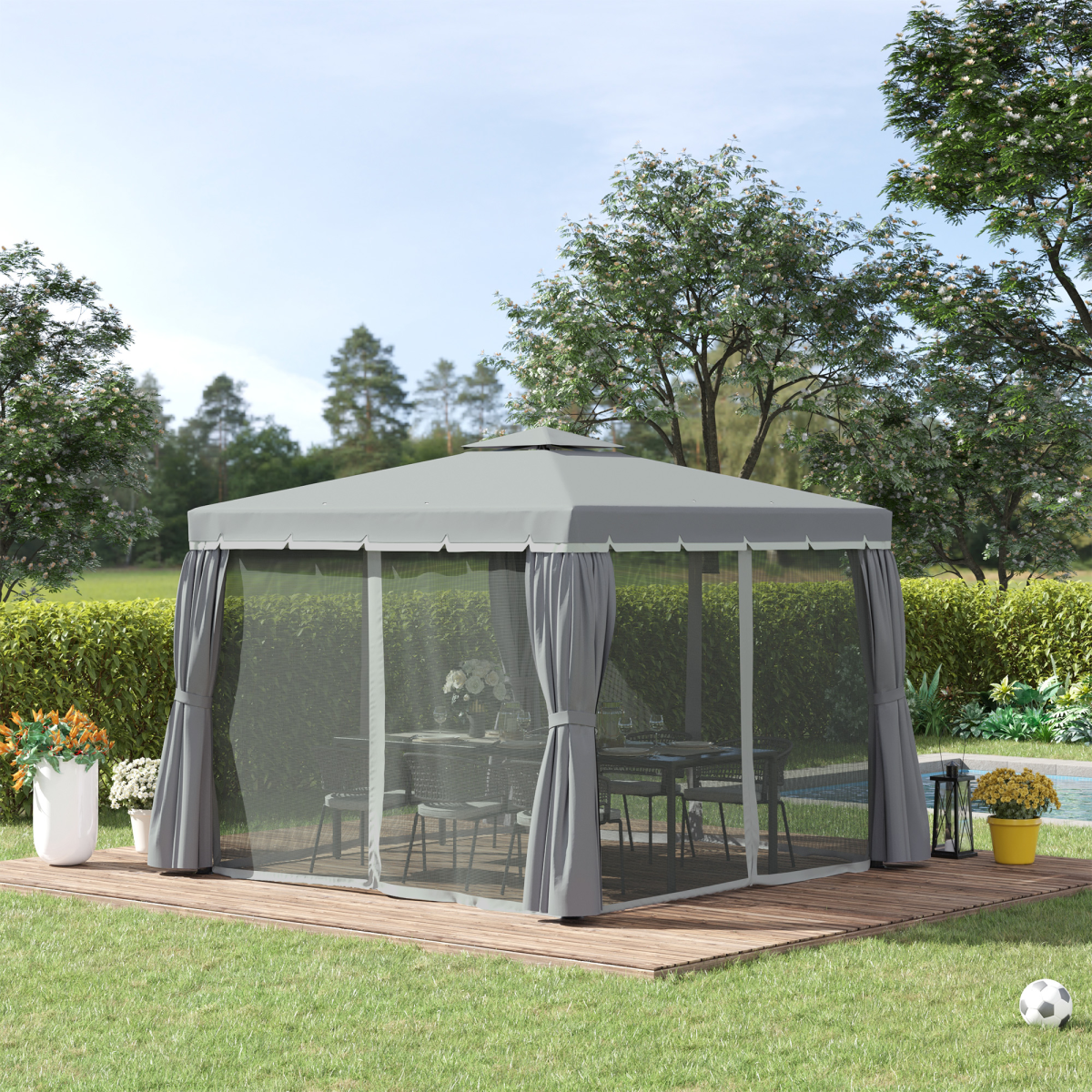 Outsunny 3 x 3m Gazebo Canopy with 2-Tier Roof, Removable Mosquito Netting, Aluminium and Steel Frame, Dark Grey