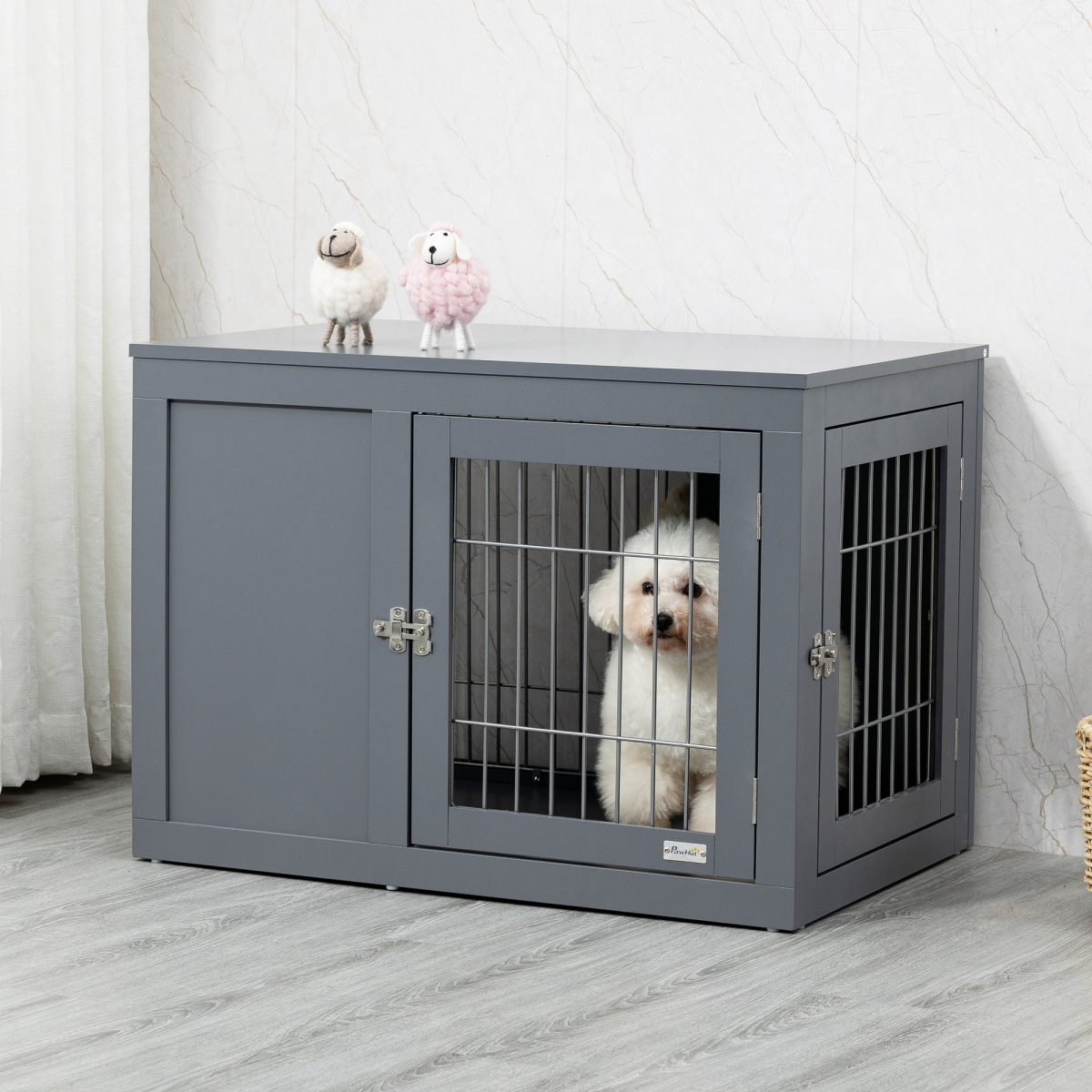 Furniture-Style Dog Crate Side Table with Two Lockable Doors for Small and Medium Dogs Pawhut