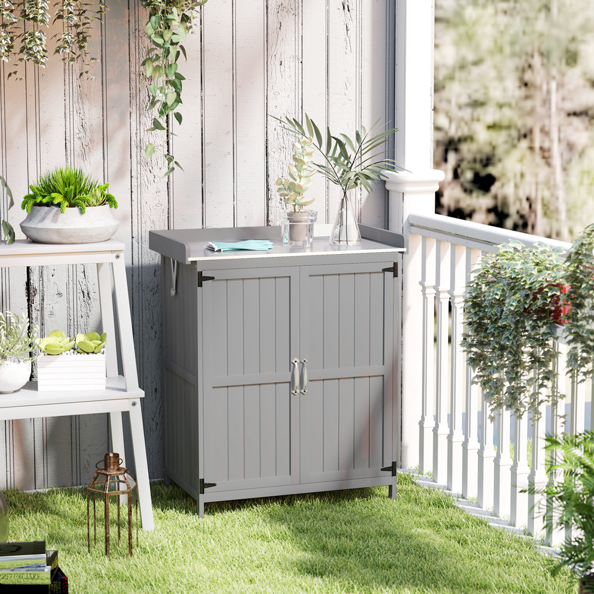 Outsunny Garden Storage Bench Workbench with Stainless Steel Top, Fir Wood, Hinged Roof and Double Doors, Grey