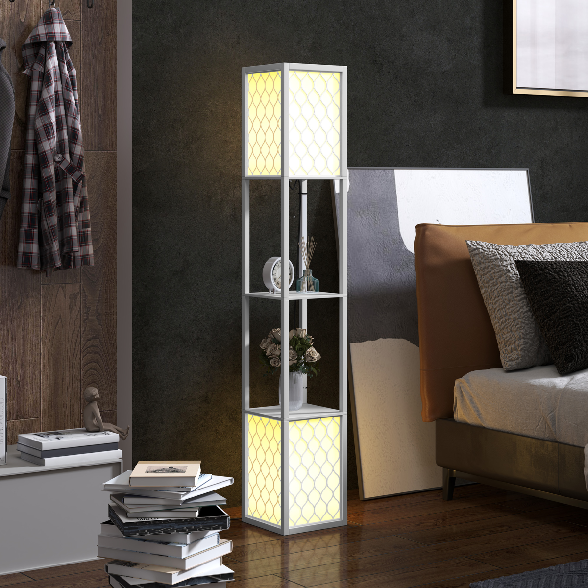 HOMCOM Modern 2-Light Floor Lamp with Shelves, White