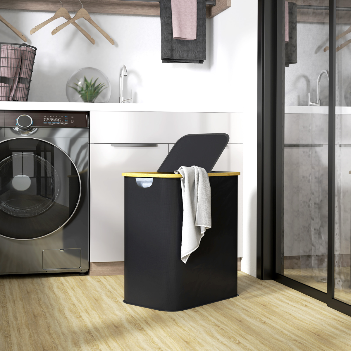 HOMCOM 80L Double Laundry Hamper, Foldable Bamboo, Black