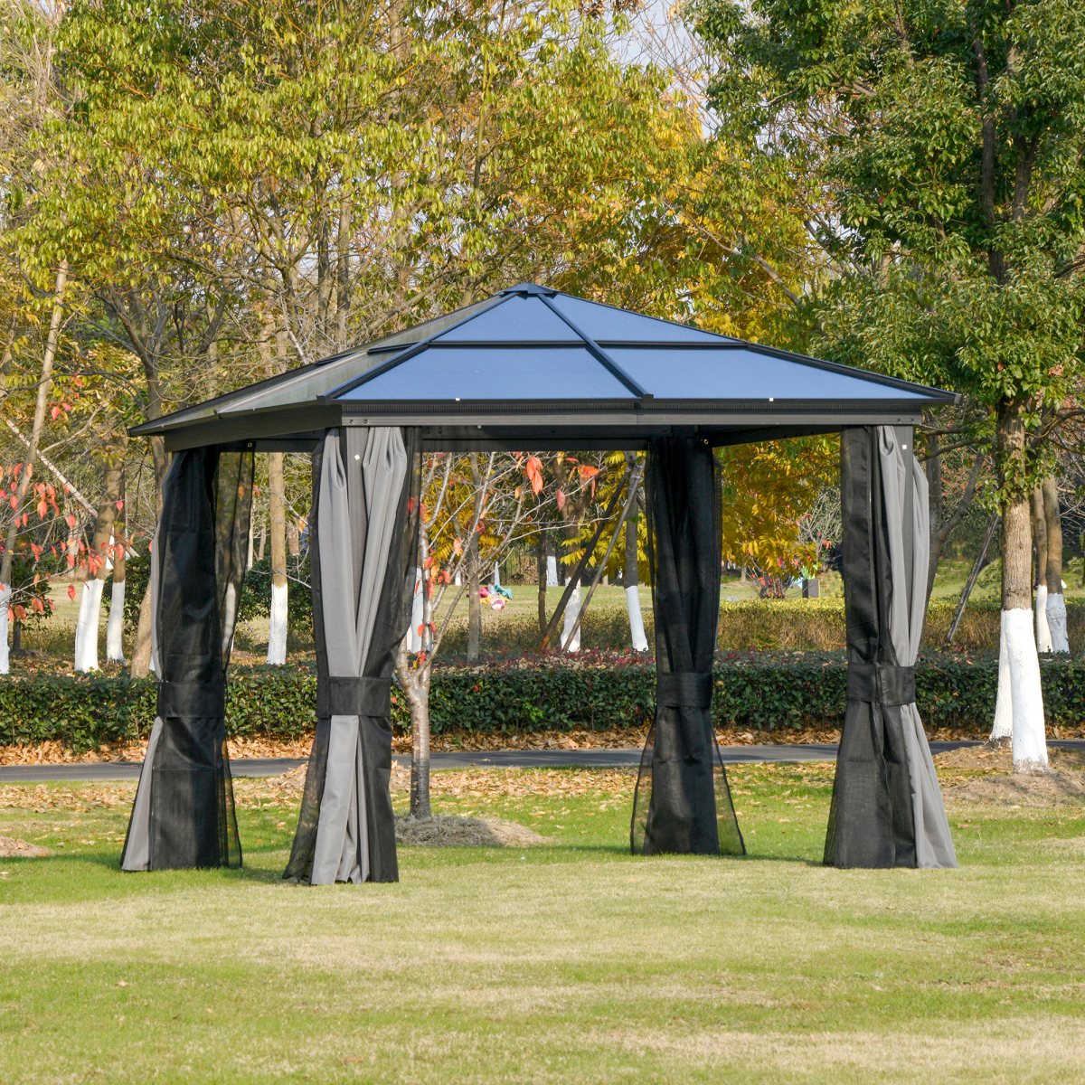 Outsunny 3 x 3m Powder Coated Aluminium Hardtop Gazebo with Curtains and Netting