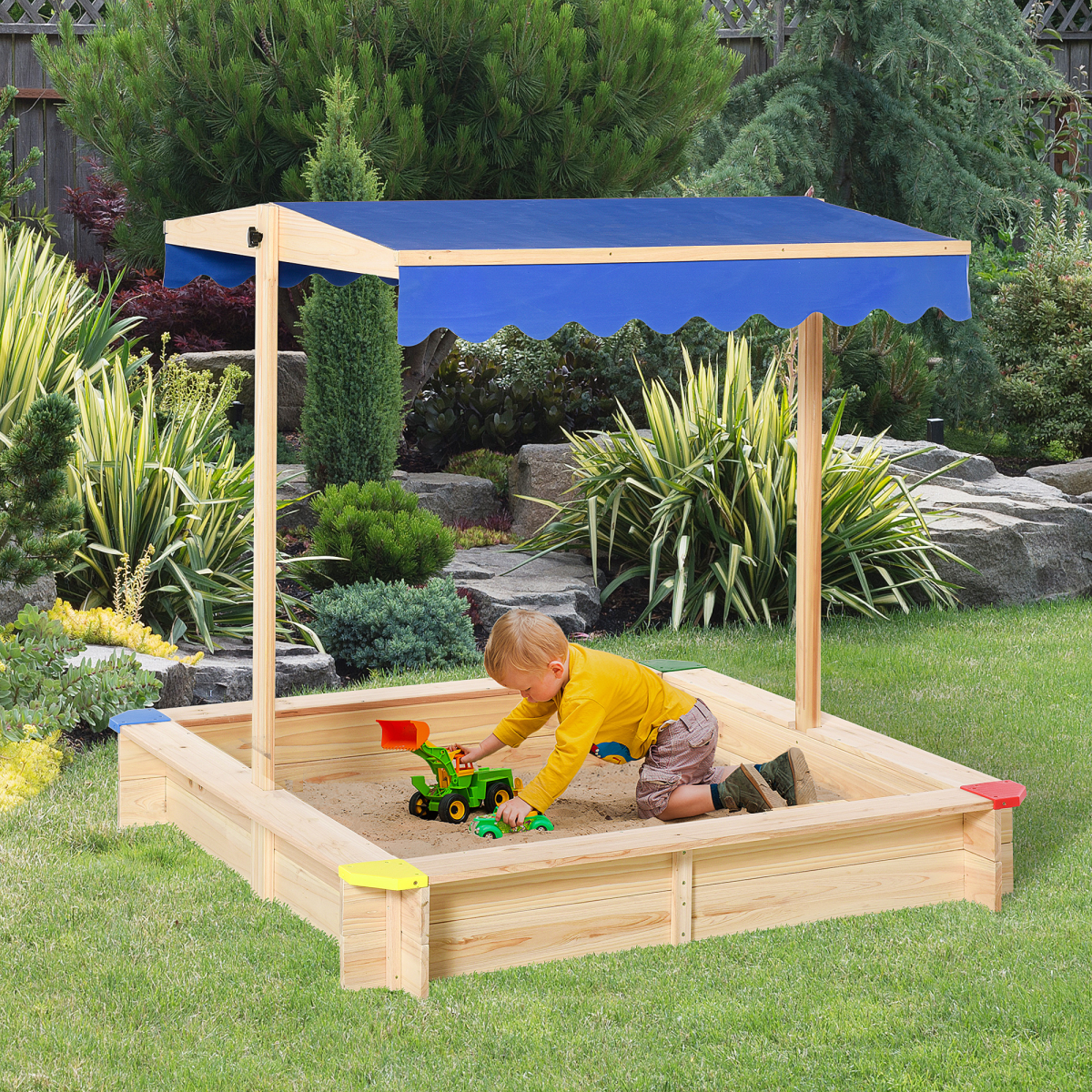 Outsunny Wooden Kids Sandbox Playset with Adjustable Canopy