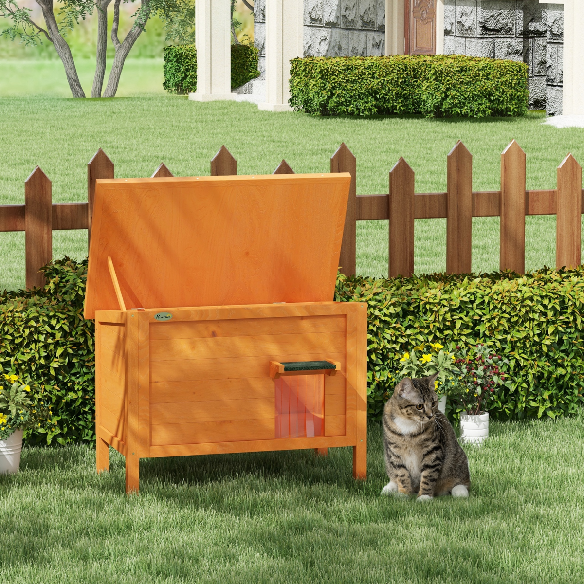 PawHut Outdoor Insulated Feral Cat House with Openable Roof, Orange