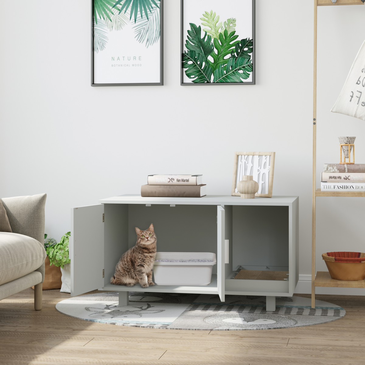 Cat Litter Box Enclosure Furniture with Magnetic Doors, Grey