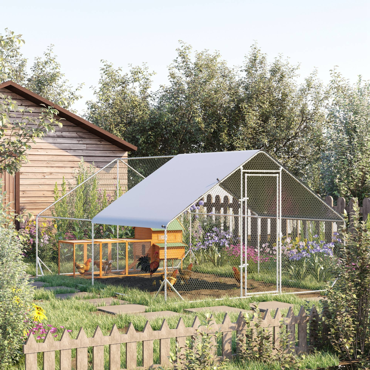 Large Galvanized Walk-In Chicken Run with Cover, 3 x 4 x 2 m, for Chickens, Rabbits and Ducks