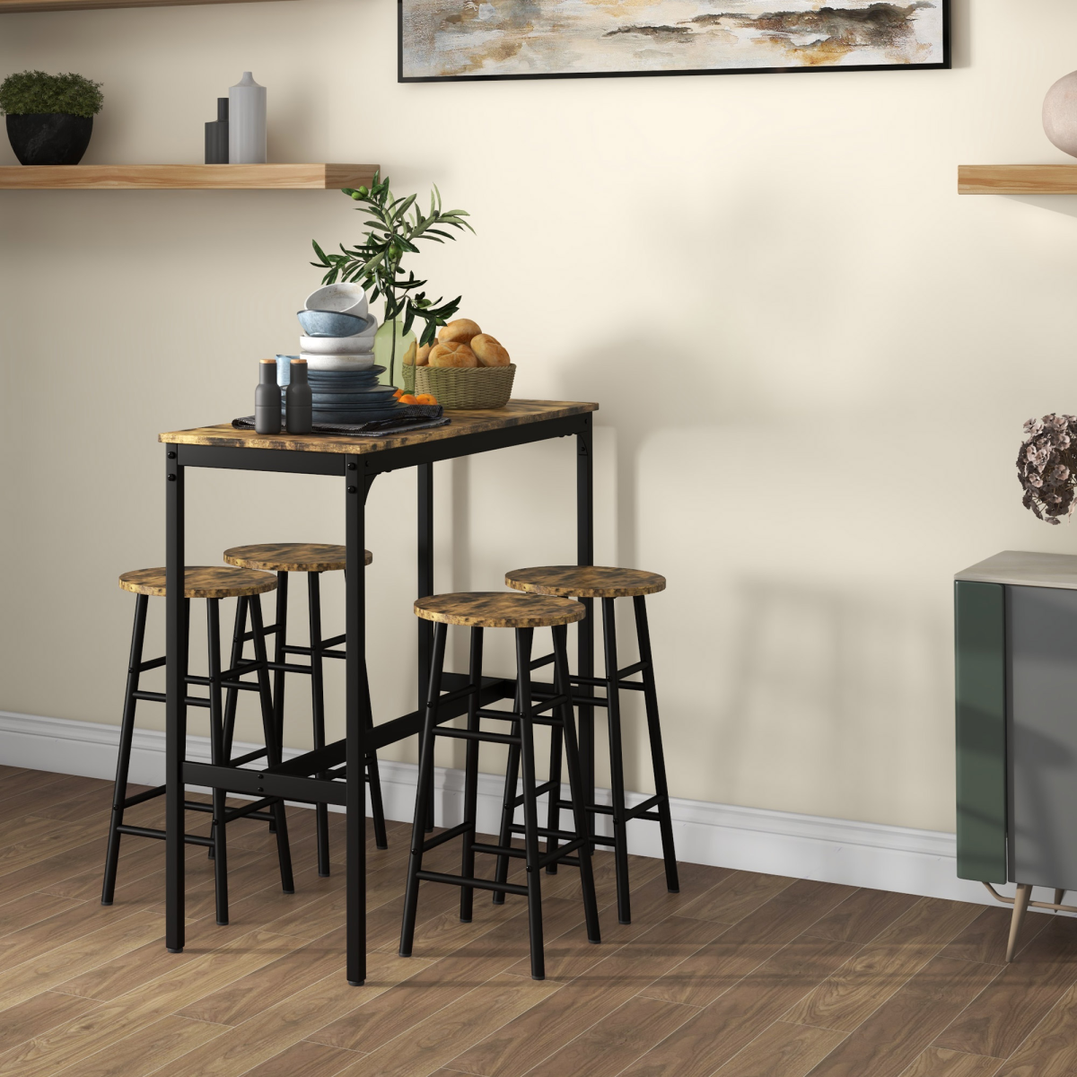 HOMCOM 5 Piece Industrial Bar Table and Stools Set, Rustic Brown